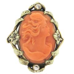 Antique Coral Cameo Diamond Gold Ring 