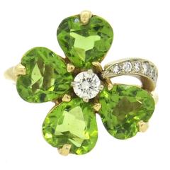 Mid Century Adorable Peridot Diamond Gold Flower Ring