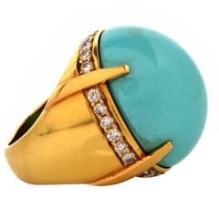 Vintage Persian Turquoise Diamond Gold Cocktail Ring