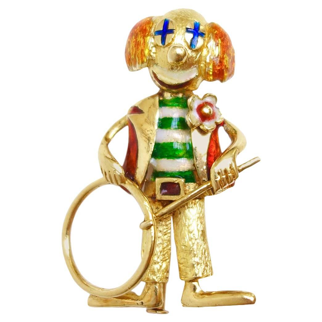 Whimsical Enamel Gold Happy Clown Brooch For Sale