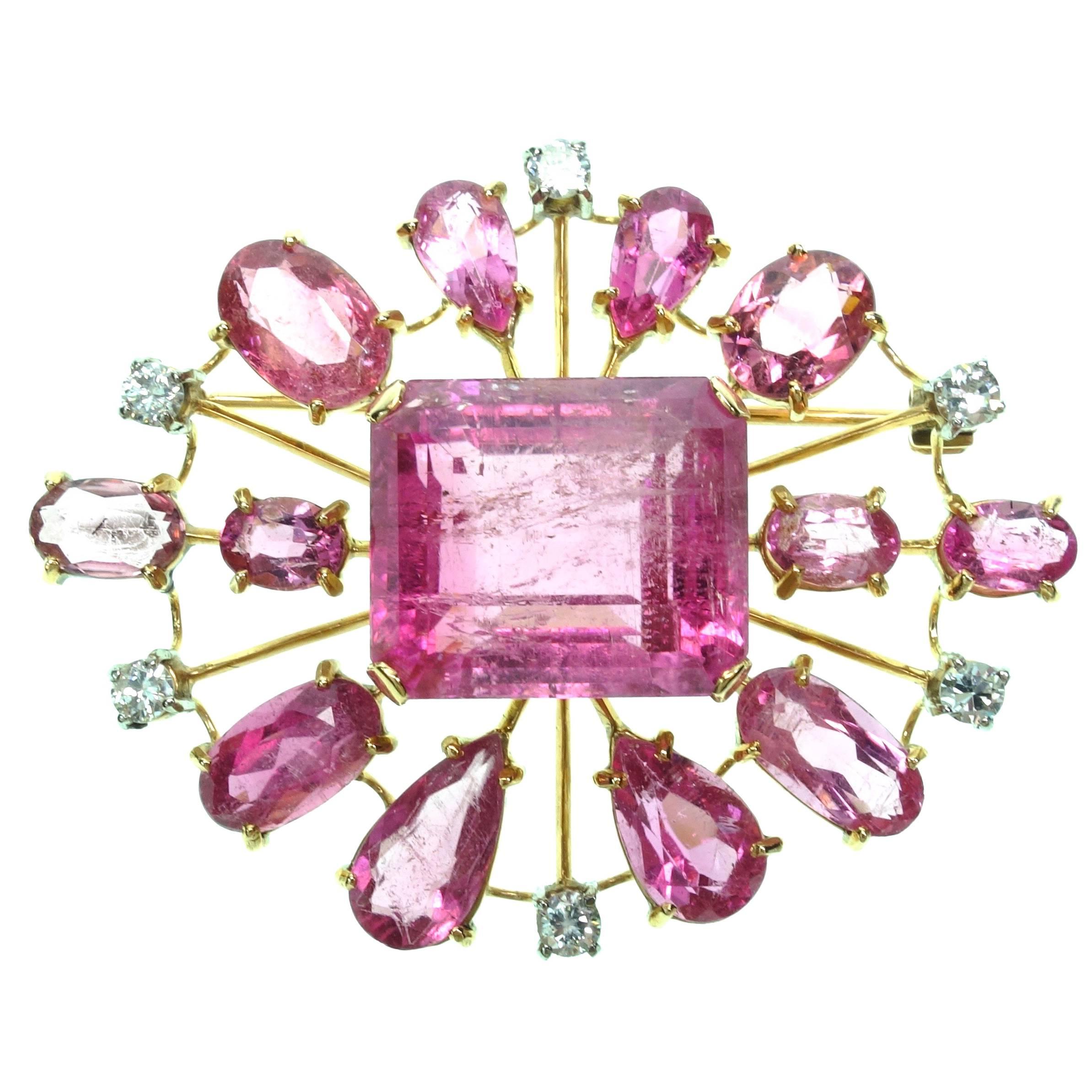  Large Pink Tourmaline and Diamond Cluster Brooch For Sale