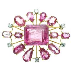  Large Pink Tourmaline and Diamond Cluster Brooch