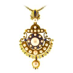 1890s Antique English Natural Pearl Enamel & Gold Pendant 5