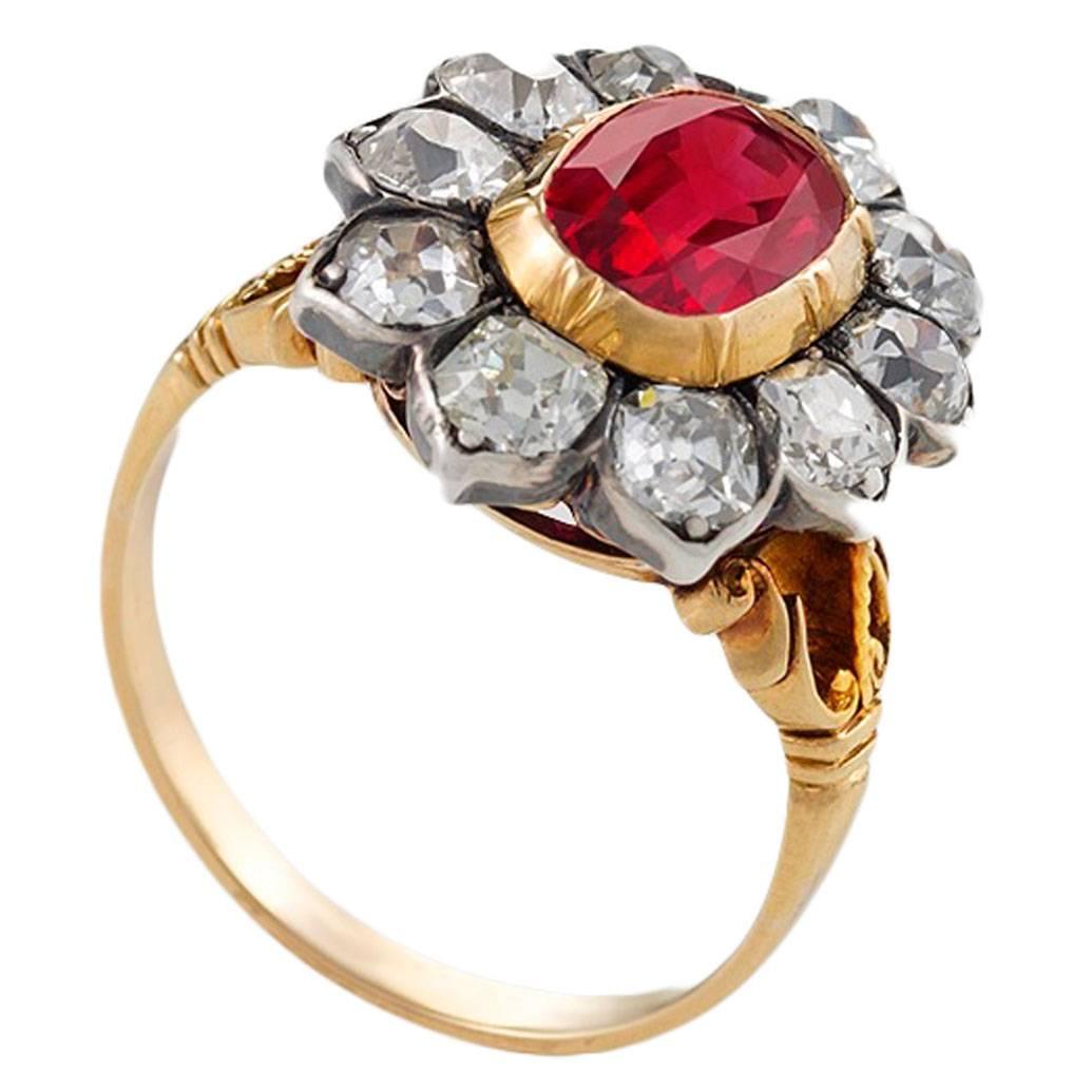 Antique diamond and ruby cluster ring Englis  Ref 23338
