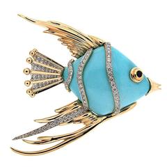 Turquoise Fish Brooch with diamonds