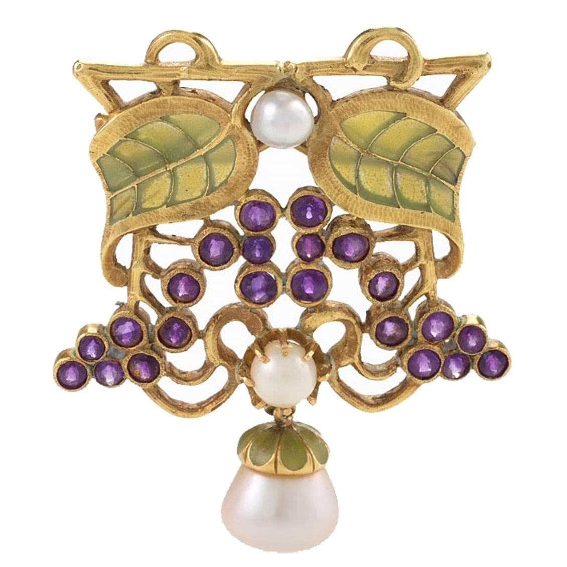 Louis Zorra Art Nouveau Diamond Amethyst Pearl and Plique-à-Jour Enamel Brooch For Sale