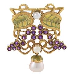 Louis Zorra Art Nouveau Diamond Amethyst Pearl and Plique à Jour Enamel Brooch 6