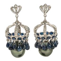 Majestic Grey South Sea Pearl Blue Sapphire Diamond Gold Dome Earrings