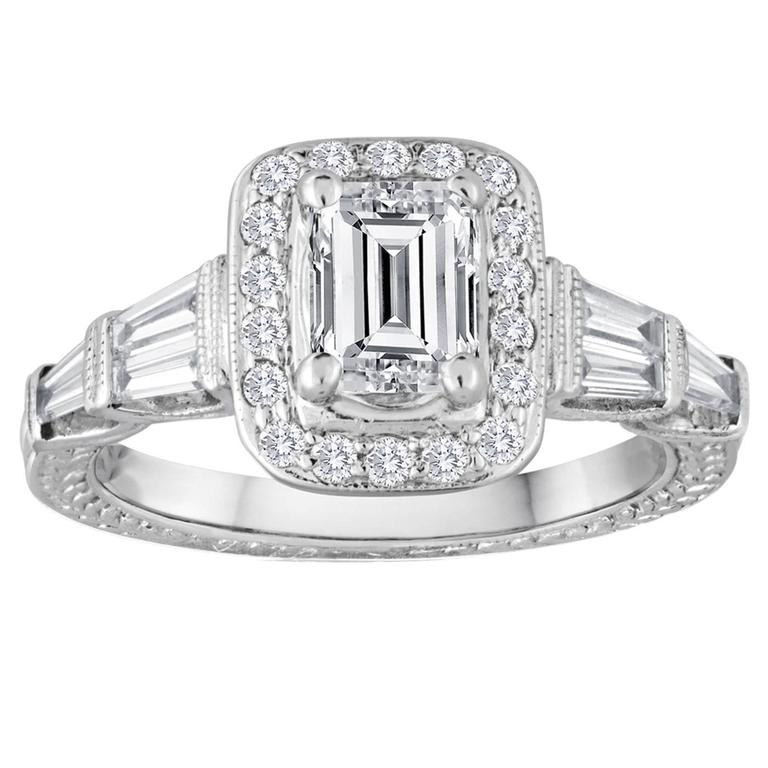 GIA Certified 0 70 Carat F VS2 Emerald Cut Diamond Halo Engagement Ring 