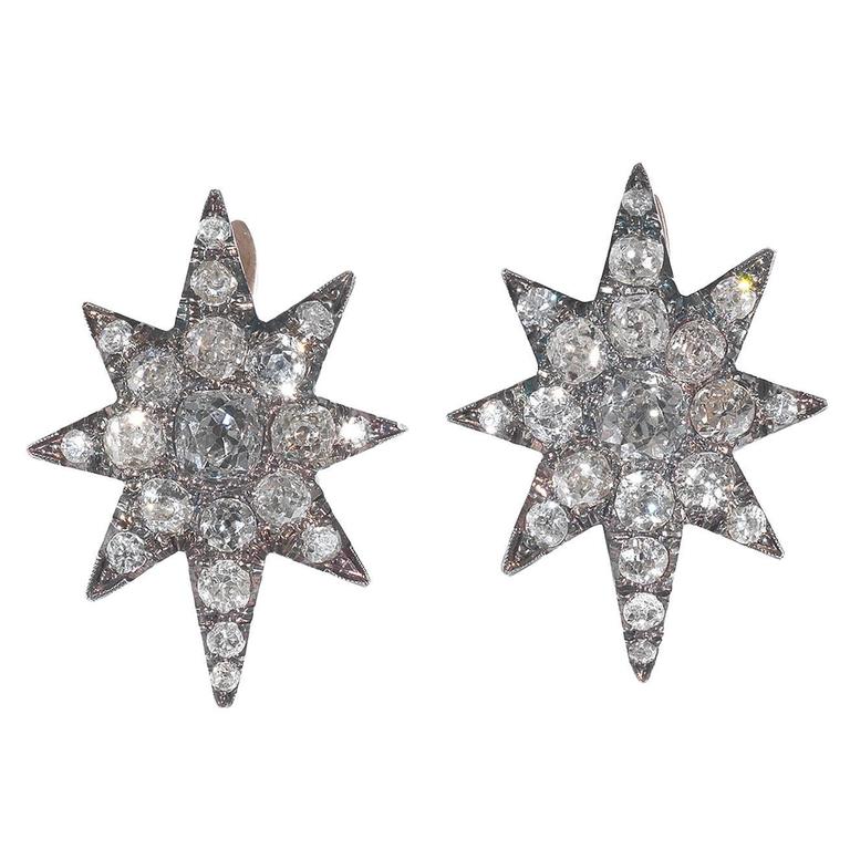 Antique Diamond Silver Gold Eight Point Star Cluster Earrings For Sale ...