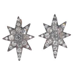 Antique Diamond Silver Gold Eight Point Star Cluster Earrings 4