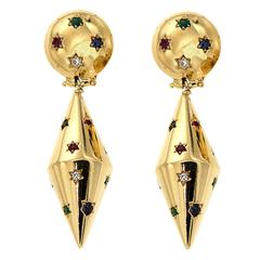 Blue Sapphire Red Ruby Green Emerald Diamonds Yellow Gold Dangle Earrings 11