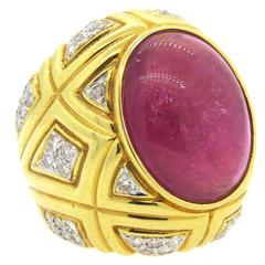 1980s Large Pink Tourmaline Diamond Gold Dome Ring