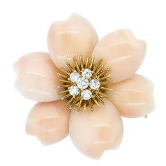 Van Cleef & Arpels Rose de Noel Koralle Diamant Gold Blume Brosche Anstecknadel 