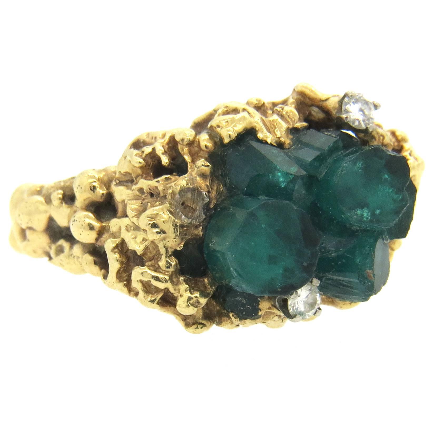 Free Form 1970s Gold Diamond Chatham Emerald Ring 
