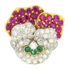 Exquisite Tiffany & Co Platinum Gold Ruby Diamond Emerald Pansy Flower Brooch 