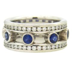 Vintage Sapphire Diamond Gold Wide Band Ring