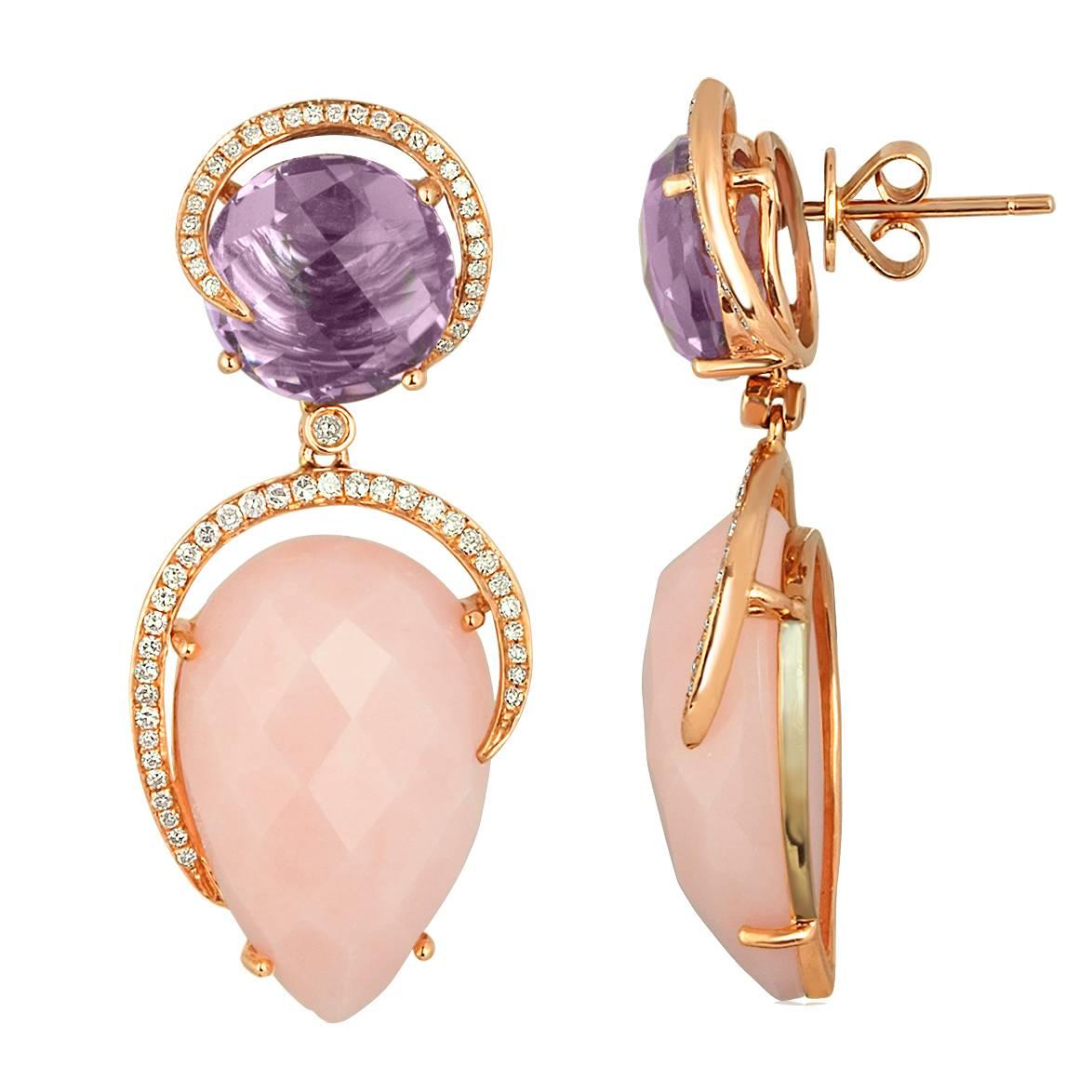 Boucles d'oreilles en goutte en or rose avec opale rose 26,13 carats, améthyste et diamant en vente