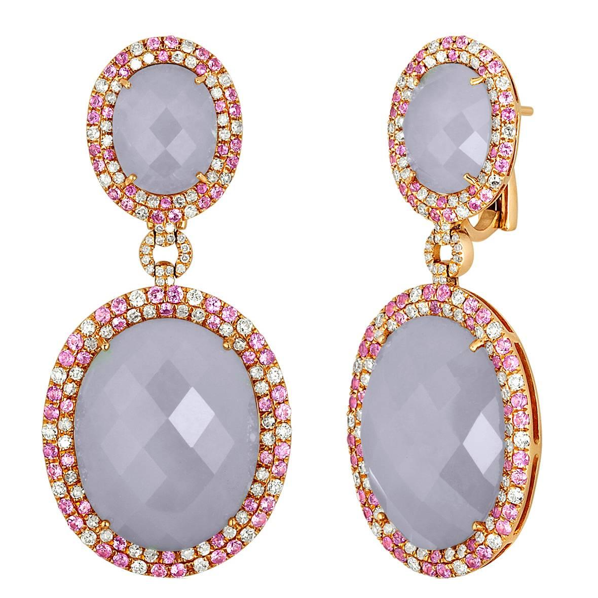 Boucles d'oreilles en or rose et calcédoine avec saphir rose et diamants de 49,31 carats