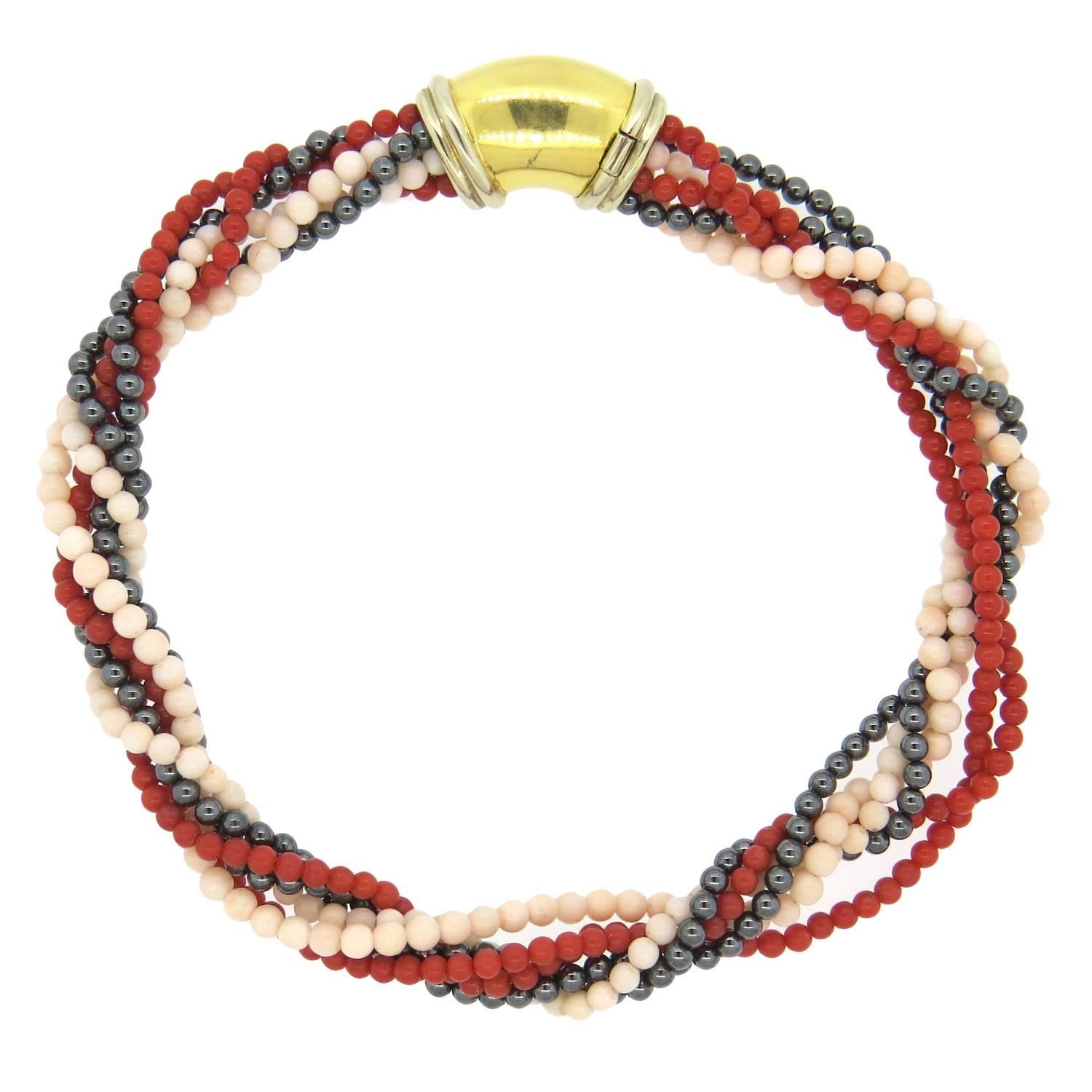 Chaumet Coral Hematite Gold Multi Strand Necklace 