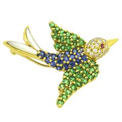 Vintage Jean Vitau Diamond Sapphire Tsavorite Garnet Ruby Songbird Brooch Pin 