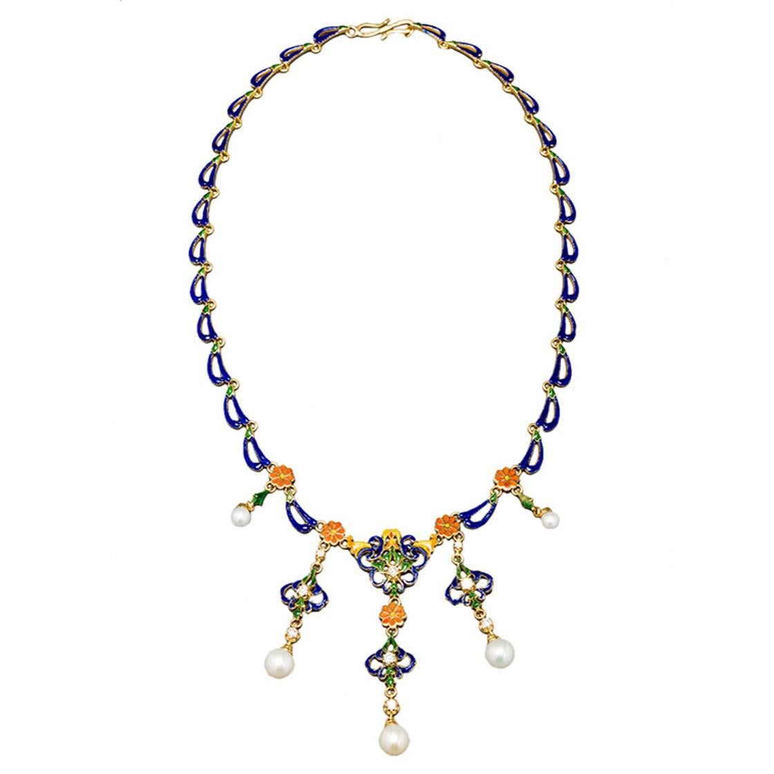 French Enameled Pearl Diamond 18k Gold Garland Necklace, 20th century For Sale