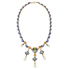 French Enameled Pearl Diamond Gold Byzantine Style Necklace