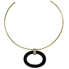 1970s CARTIER Diamond Onyx Platinum Pendant Yellow Gold Cuff Necklace