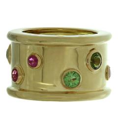 1990s CHANEL Ruby Peridot Yellow Gold Wide Band Ring Size 51