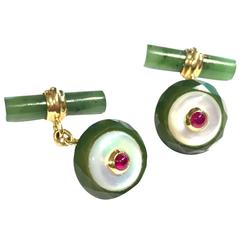 Chrysoprase Mother of Pearl Ruby Gold Cufflinks 