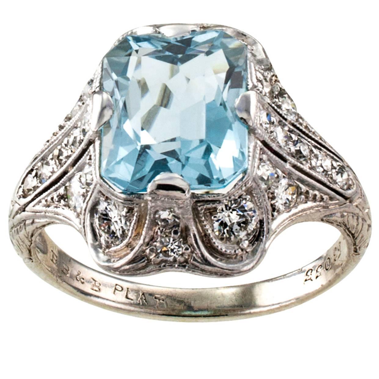Bailey Banks & Biddle Art Deco Aquamarine Diamond Platinum Ring