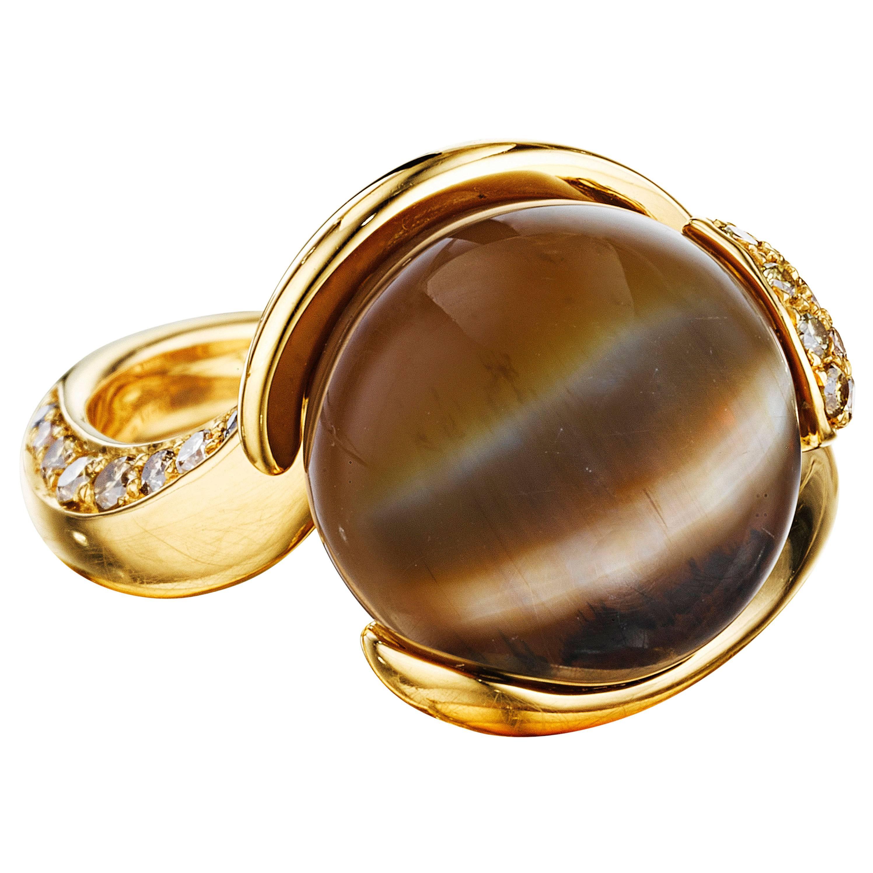 Naomi Sarna Brown Cat's Eye Opal Diamond Gold Ring For Sale