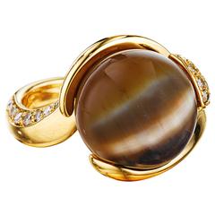 Naomi Sarna Brown Cat's Eye Opal Diamond Gold Ring