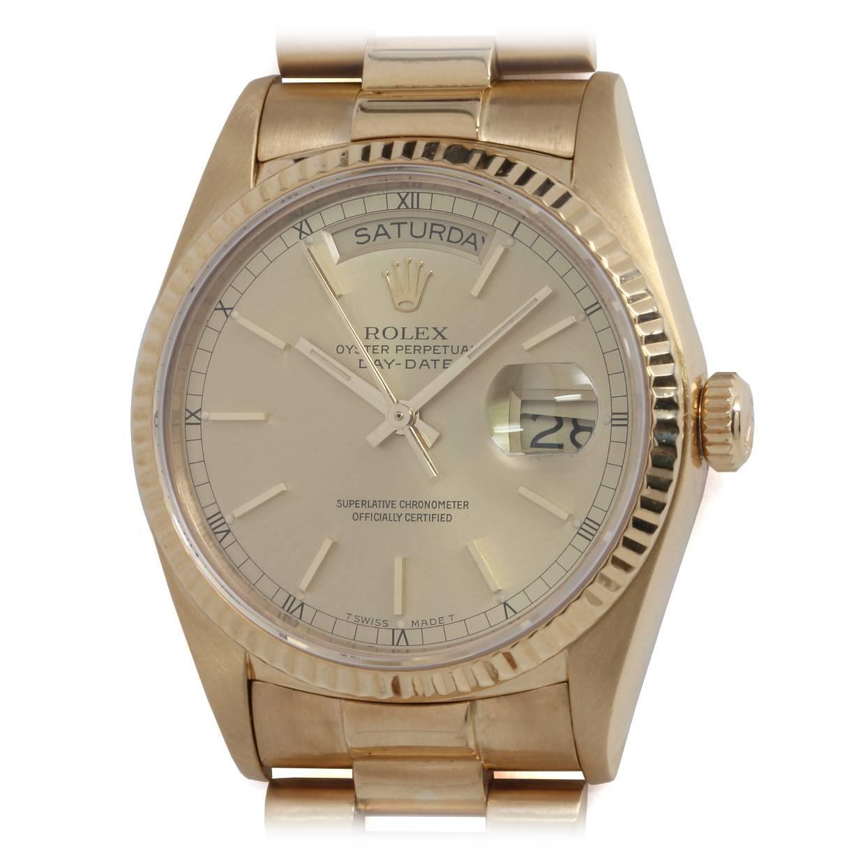 Rolex Yellow Gold Day Date President Wristwatch ref 18038 circa 1986 For Sale