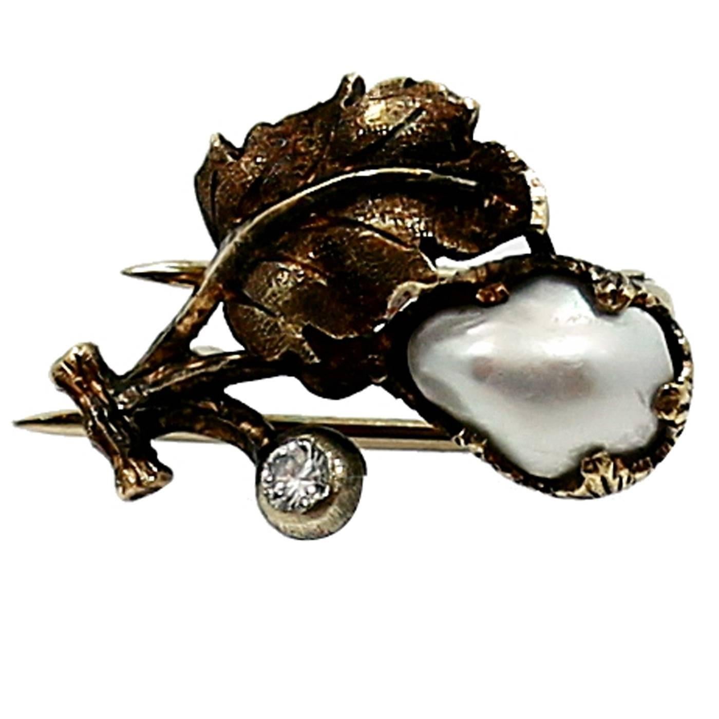 Federico Buccellati Pearl Diamond Gold Leaf Brooch