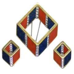 Peculiar Italian Coral Lapis Diamond Gold Geometrical Set 