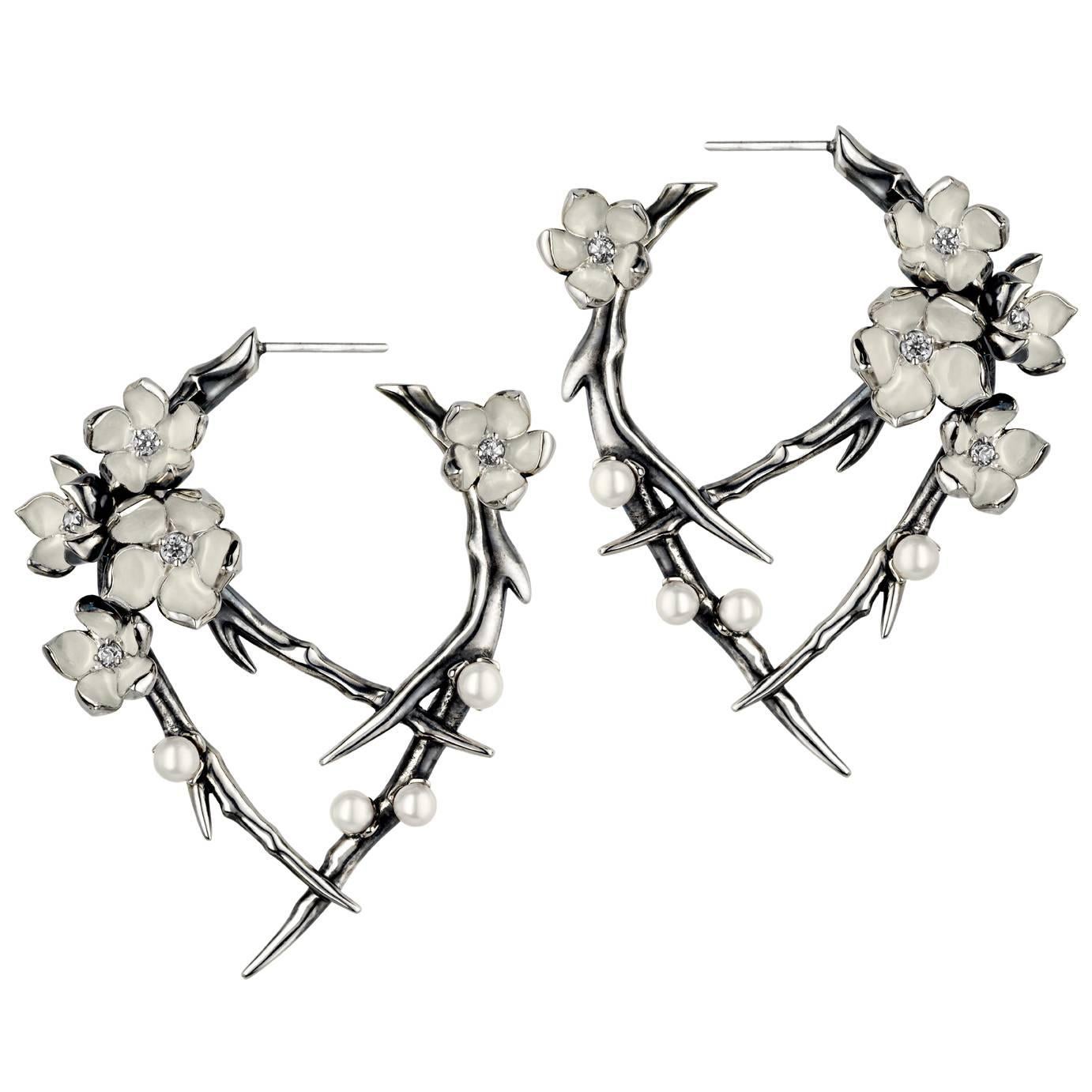 Diamond and Pearl Silver Cherry Blossom Earrings by Shaun Leane 