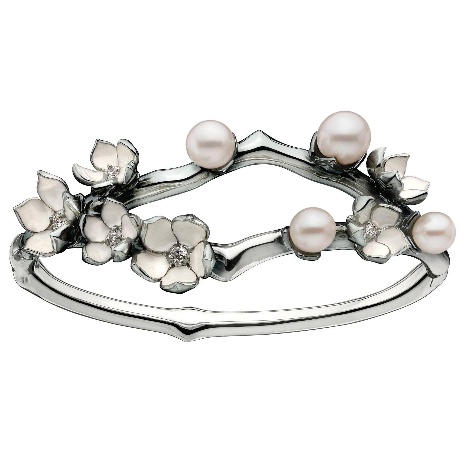 Shaun Leane Pearl Diamond Silver Cherry Blossom Cuff Bracelet For Sale