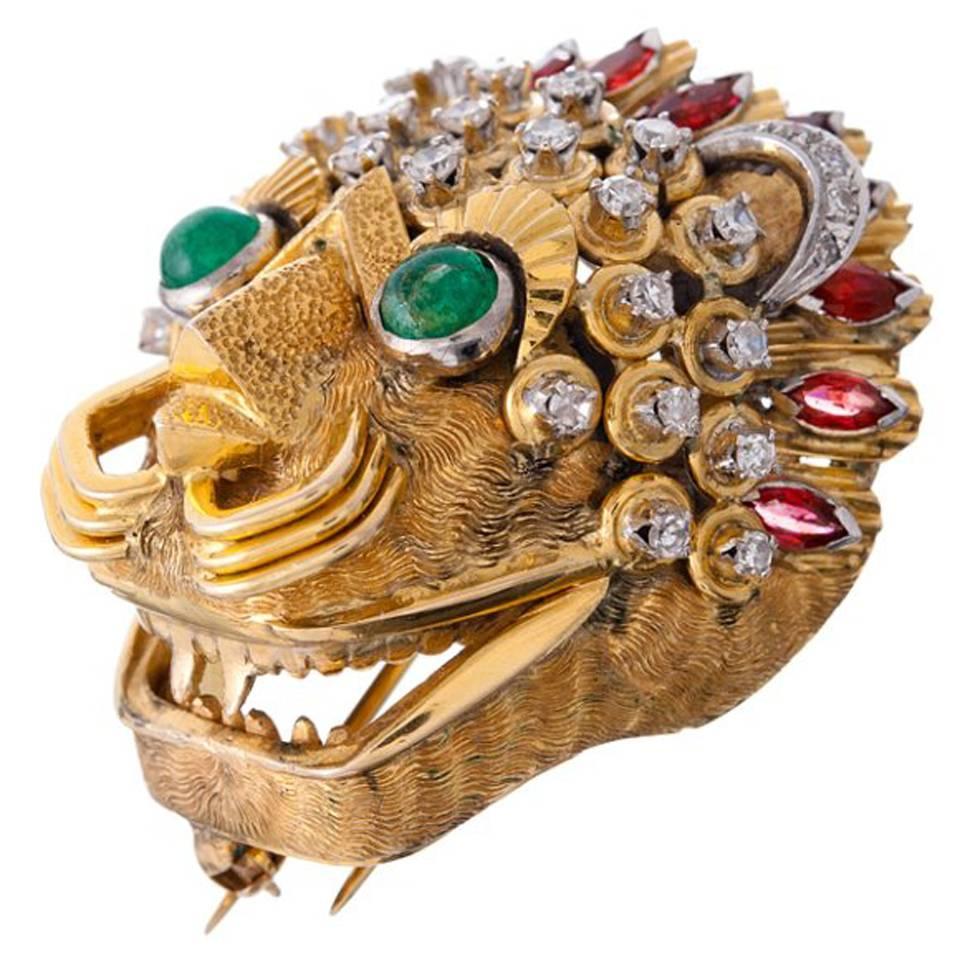 Inspired Mythical Gemstones Gold Lion Brooch 