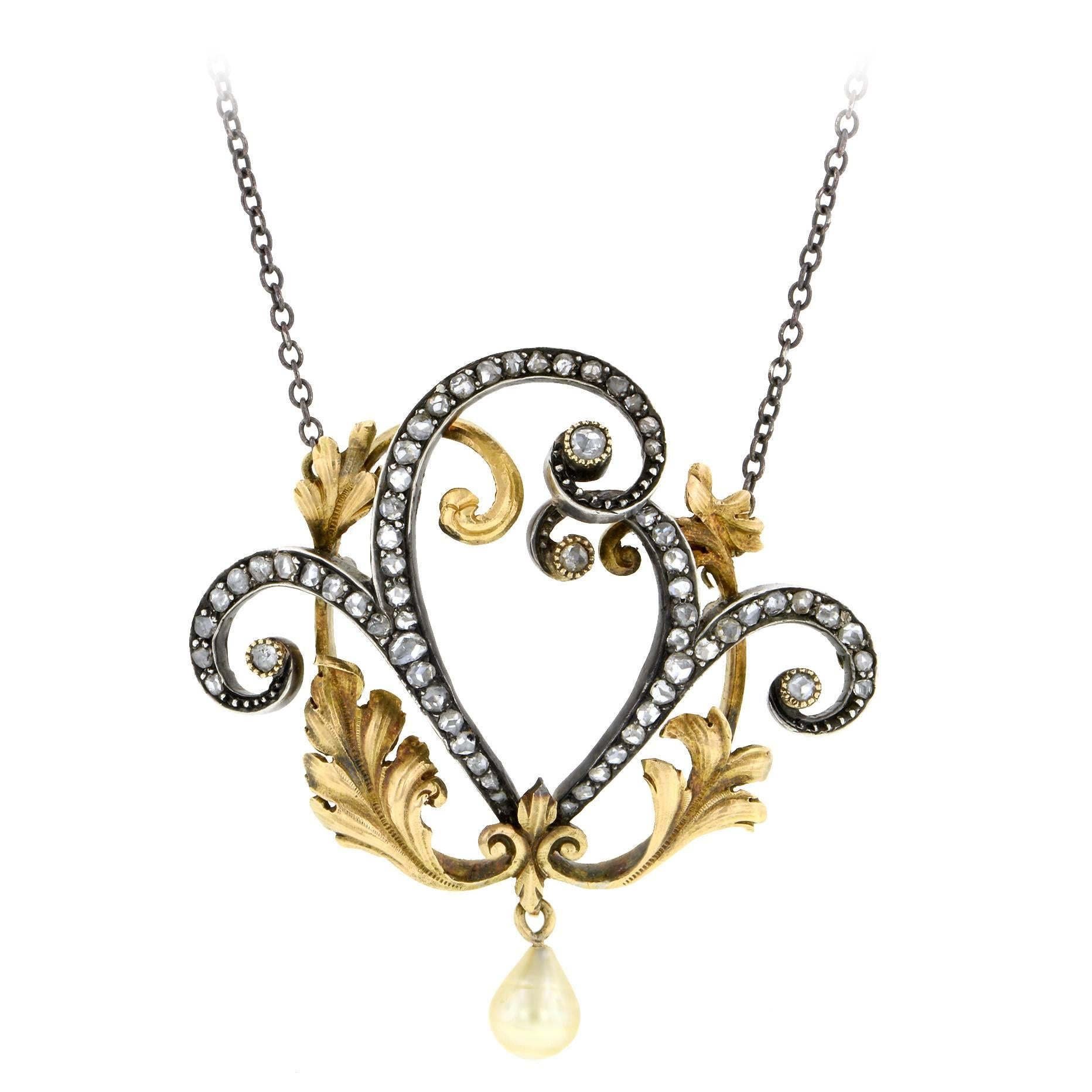 Art Nouveau Cultured Pearl Diamond Silver Gold Drop Necklace For Sale
