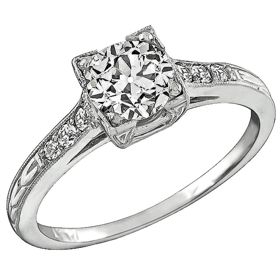 1.02 Carat Old Mine Cut Diamond Platinum Engagement Ring For Sale