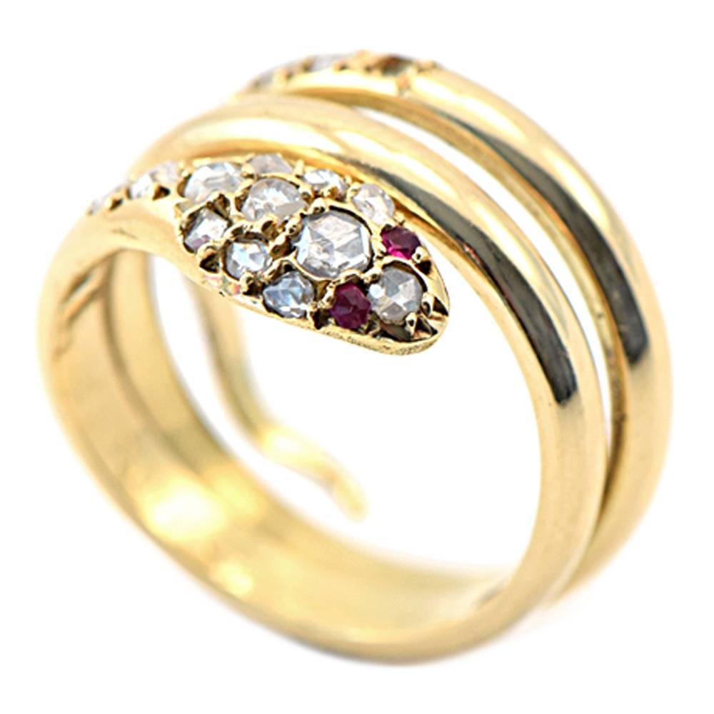 1920s Rosecut Ruby Diamond Gold Snake Ring For Sale