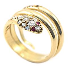 Antique 1920s Rosecut Ruby Diamond Gold Snake Ring