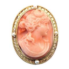 Late 19th Century Carved Coral Pearl gold Brooch