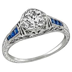 Art Deco GIA Cert Old Mine Cut Sapphire Diamond Platinum Ring 