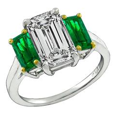 2.27 Carat Emerald Cut Diamond Emerald Platinum Engagement Ring