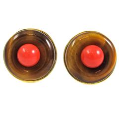 Cartier Tiger's Eye Coral Gold Earclips 2