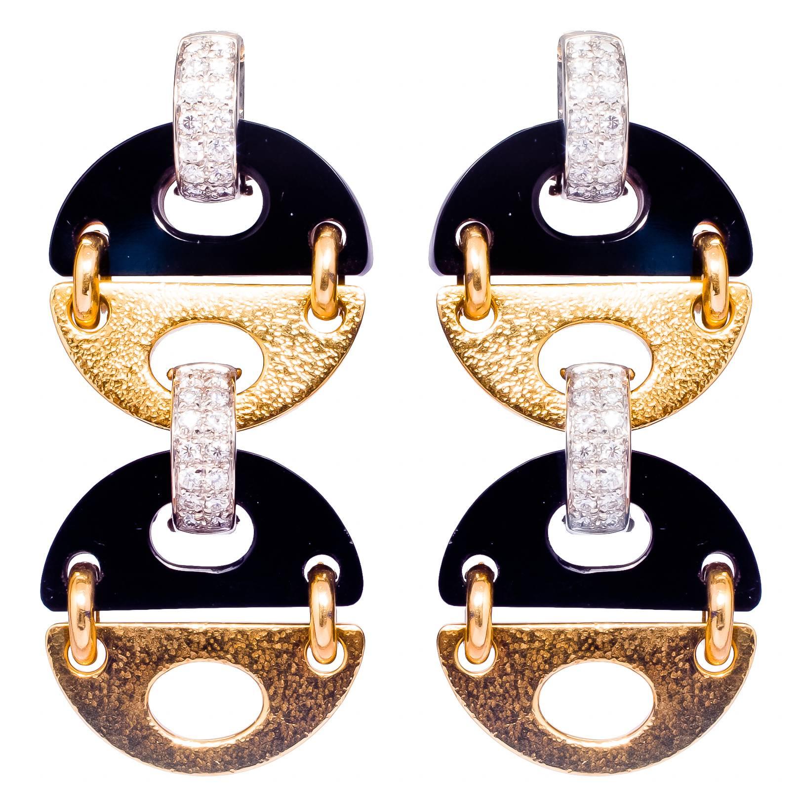1970s gold onyx diamond earrings For Sale