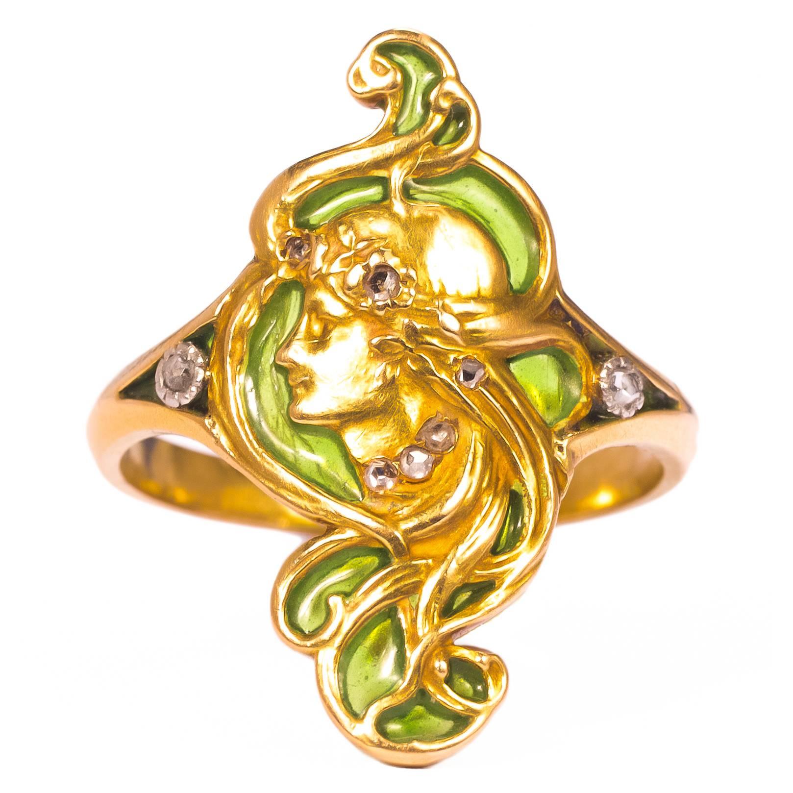 Very fine André Rambour Art Nouveau enamel diamond gold ring For Sale