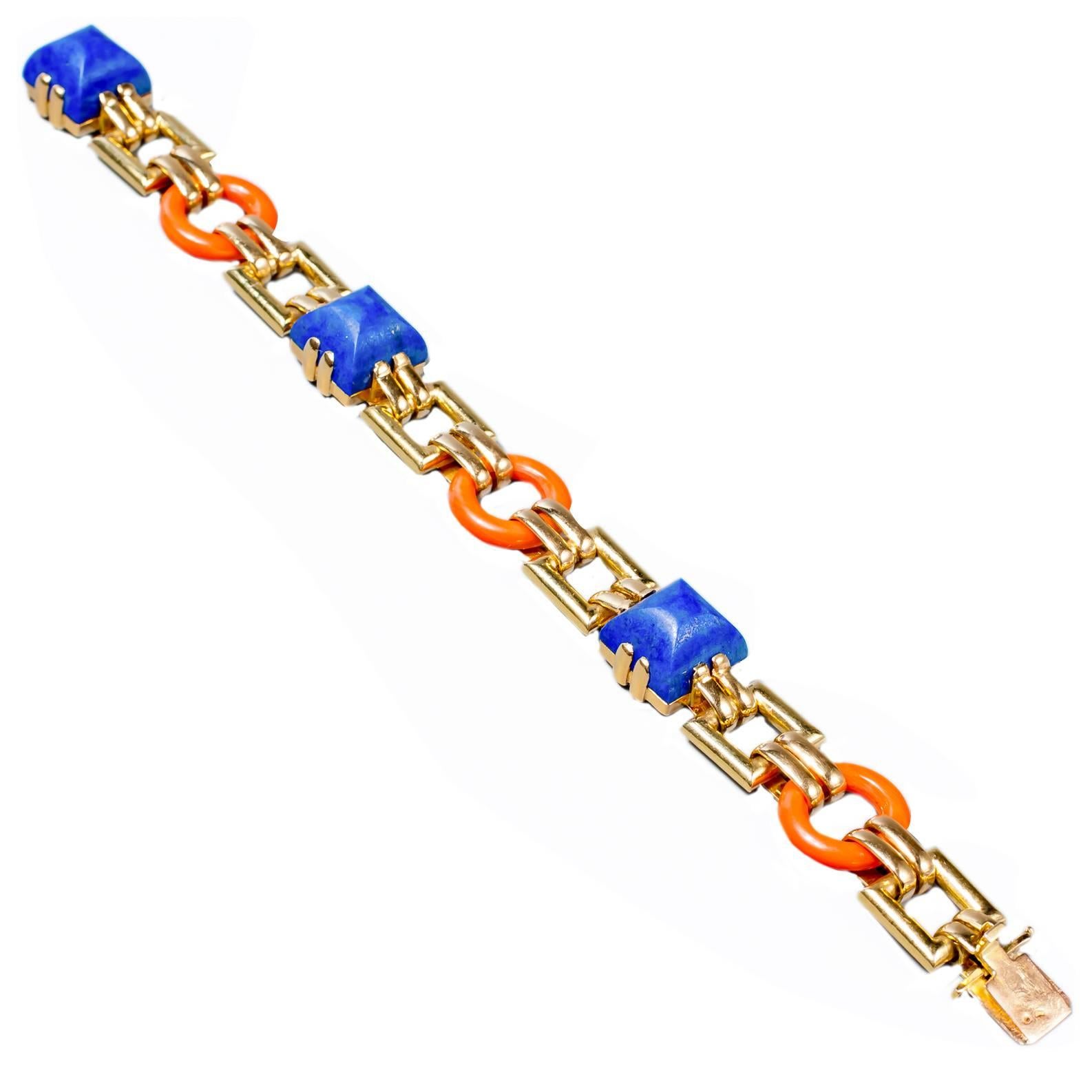 Cartier Rare Art Deco Coral Lapis Gold Link Bracelet For Sale
